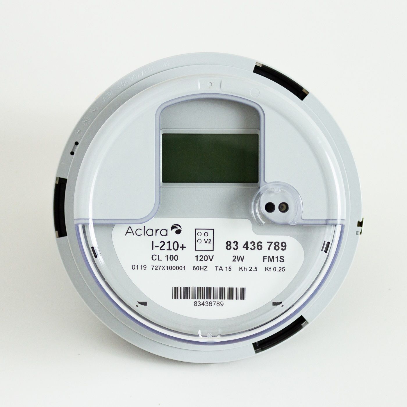 Aclara I-210+ FM1S Class 100 120V digital kWh meter, front view.